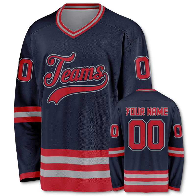 Custom Navy Red-Gray Authentic Hockey Jersey