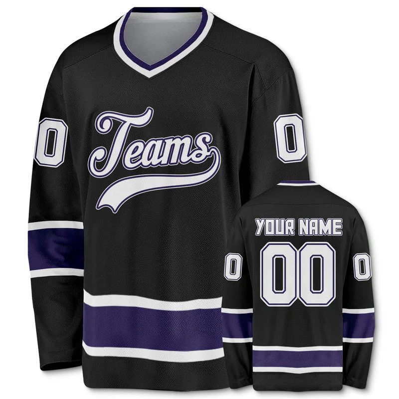 Custom Black White-Purple Authentic Hockey Jersey