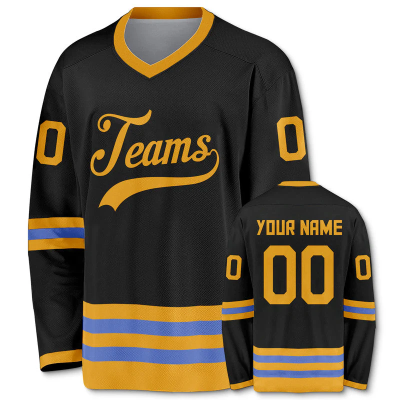 Custom Black Gold-Blue Authentic Hockey Jersey