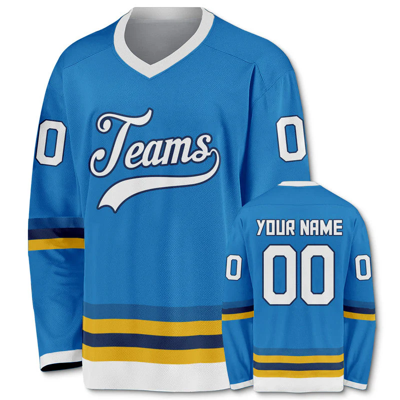 Custom Blue White-Gold Navy Authentic Hockey Jersey