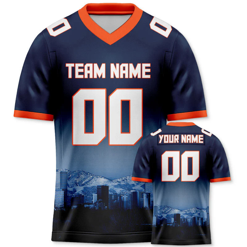 Custom 3D City Night Navy White-Orange Authentic Football Silhouette Jersey