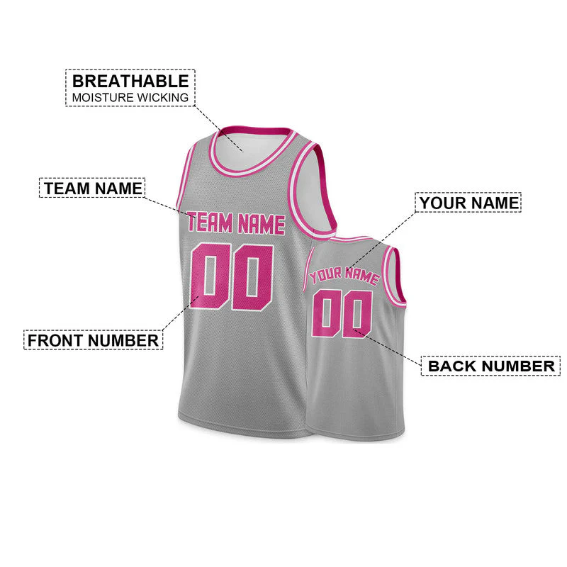 Custom Gray Pink Round Neck Rib-Knit Basketball Jersey