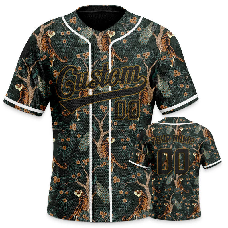 Custom Black Black-Old Gold 3D Pattern Design Tiger And Peacock Authentic Baseball Jersey