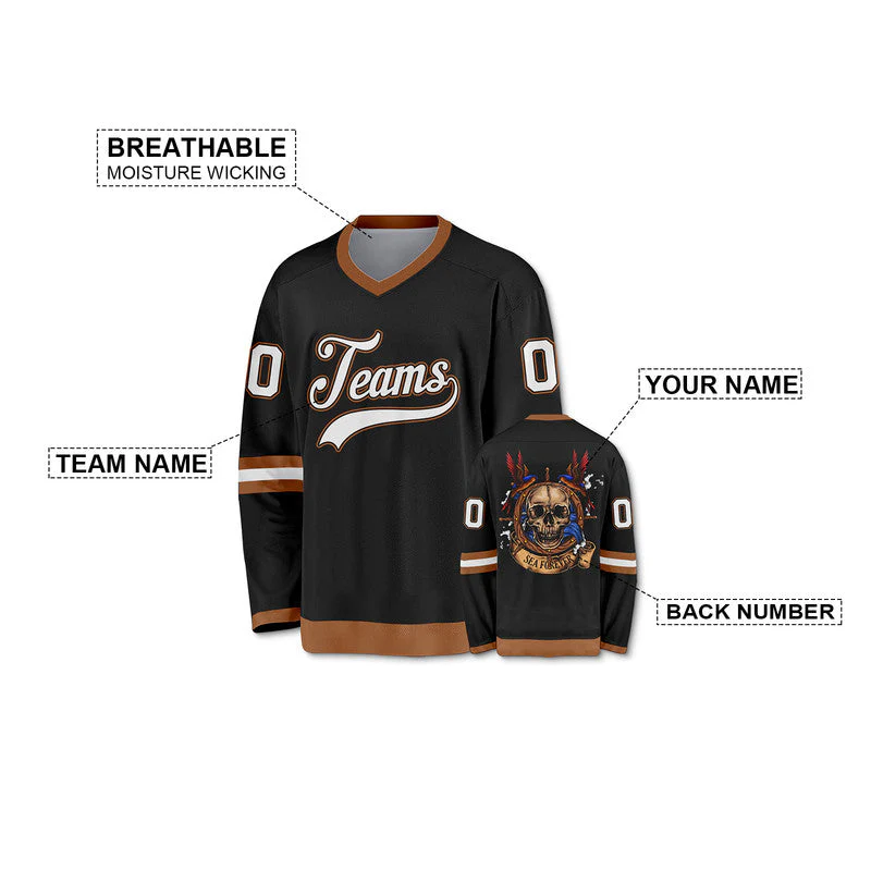 Custom Black Black-Old Gold Authentic Skull Fashion Hockey Jersey-1