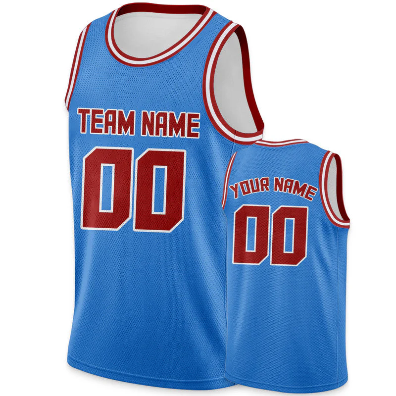 Custom Powder Blue Red Round Neck Rib-Knit Basketball Jersey
