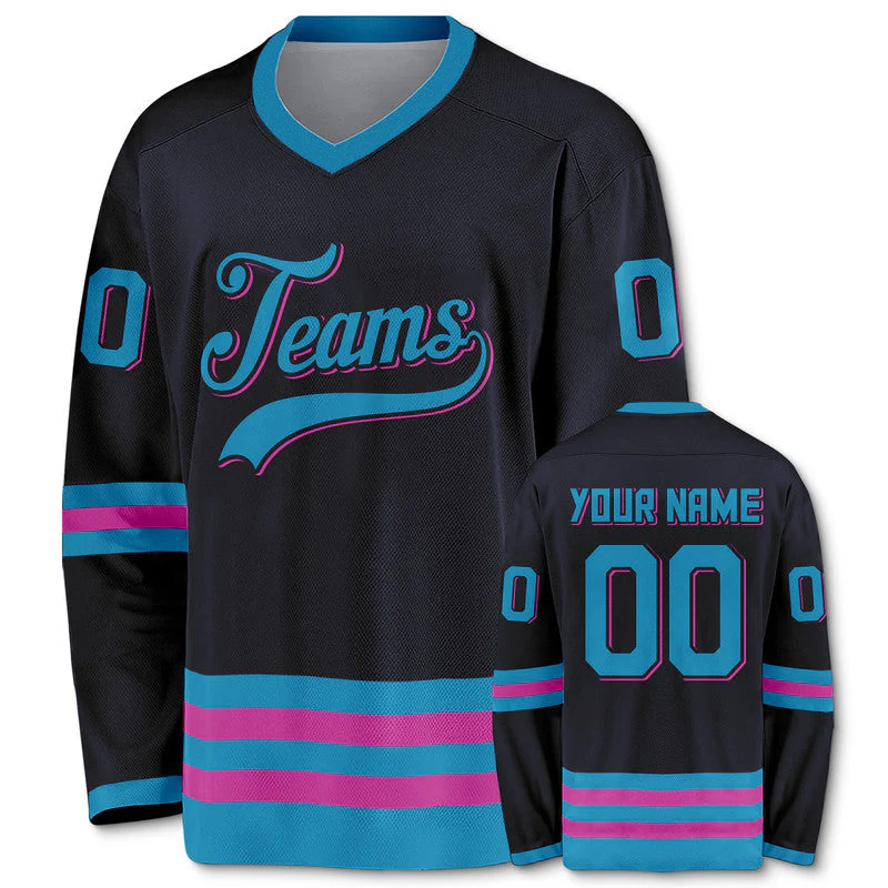 Custom Black Blue-Pink Authentic Hockey Jersey