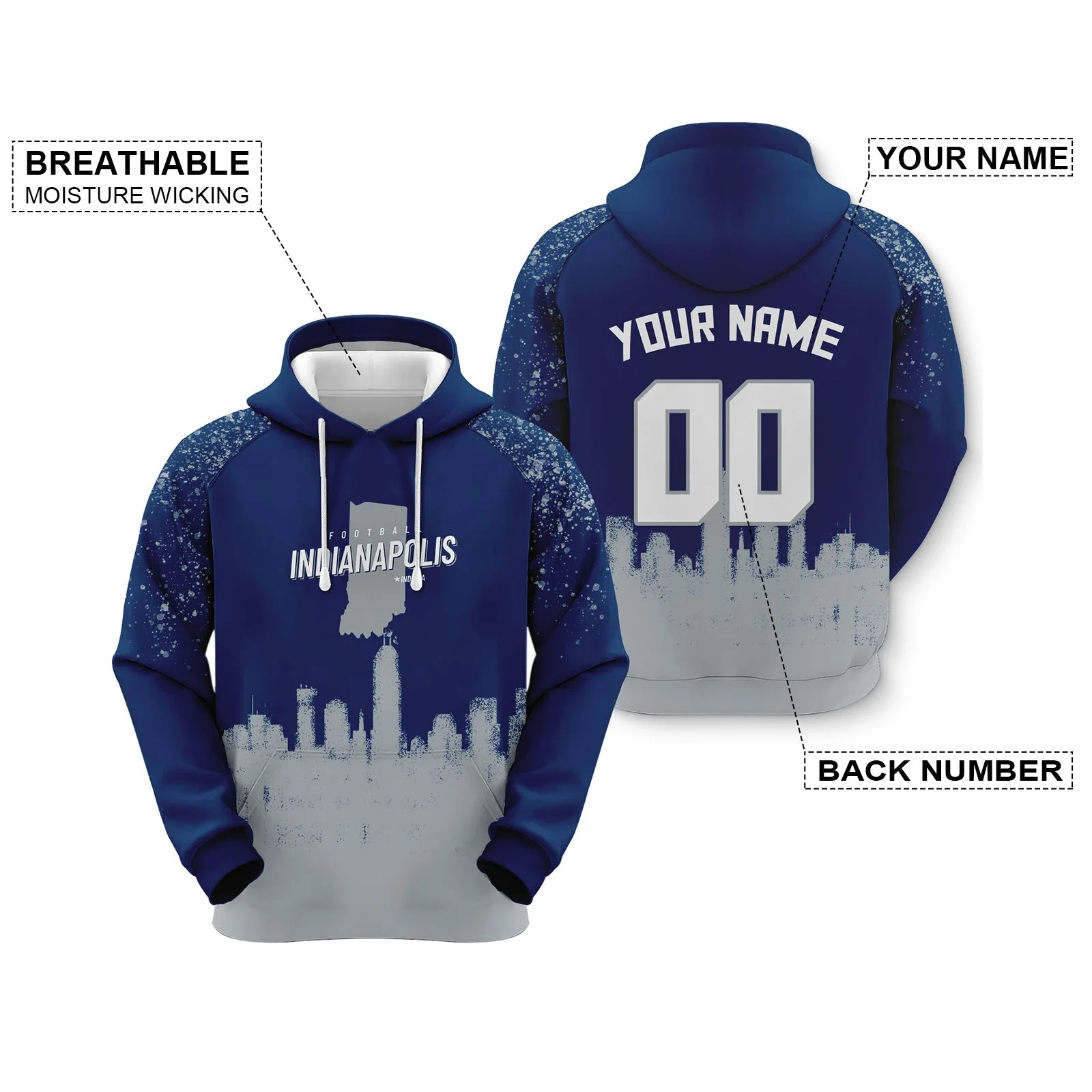 Custom Sports Pullover Sweatshirt Football Graffiti City Map Indianapolis Fashion Hoodie
