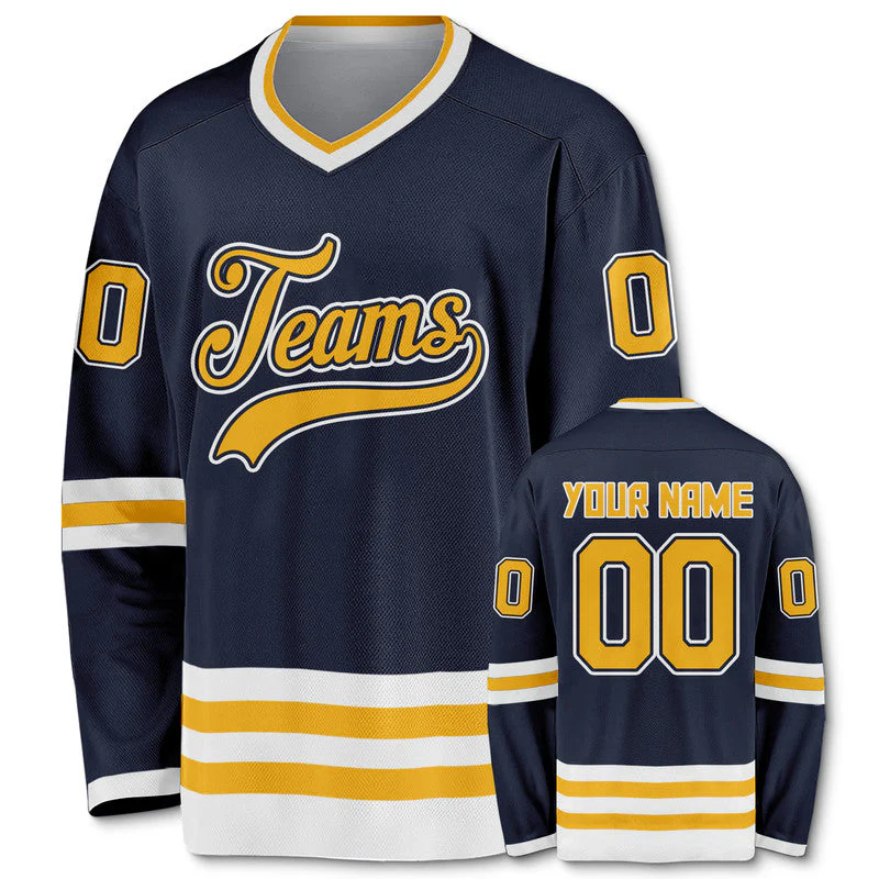 Custom Navy Gold-White Authentic Hockey Jersey