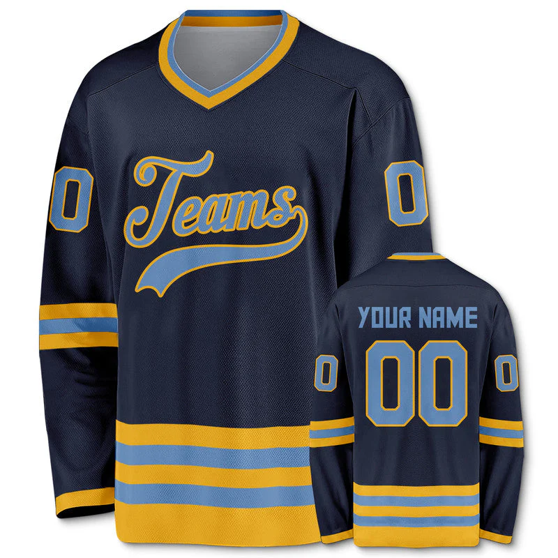 Custom Navy Light Blue-Gold Authentic Hockey Jersey