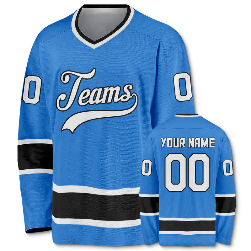 Custom Powder Blue White-Black Authentic Hockey Jersey