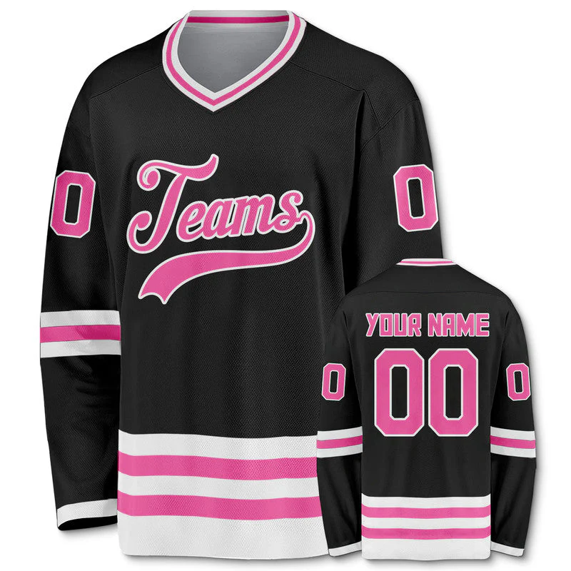 Custom Black Pink-White Authentic Hockey Jersey